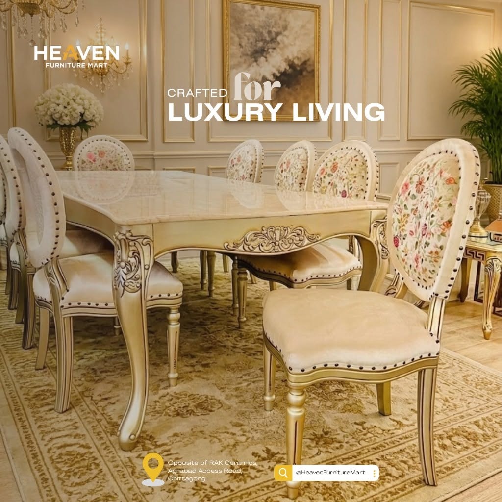 Heaven Furniture Mart royal carved gold dining table with floral embroidered oval-back chairs under chandelier
