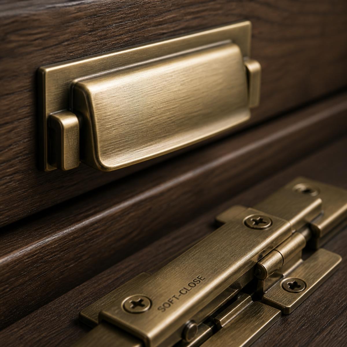 Macro detail of brushed antique brass drawer pull and soft-close hinge on dark walnut