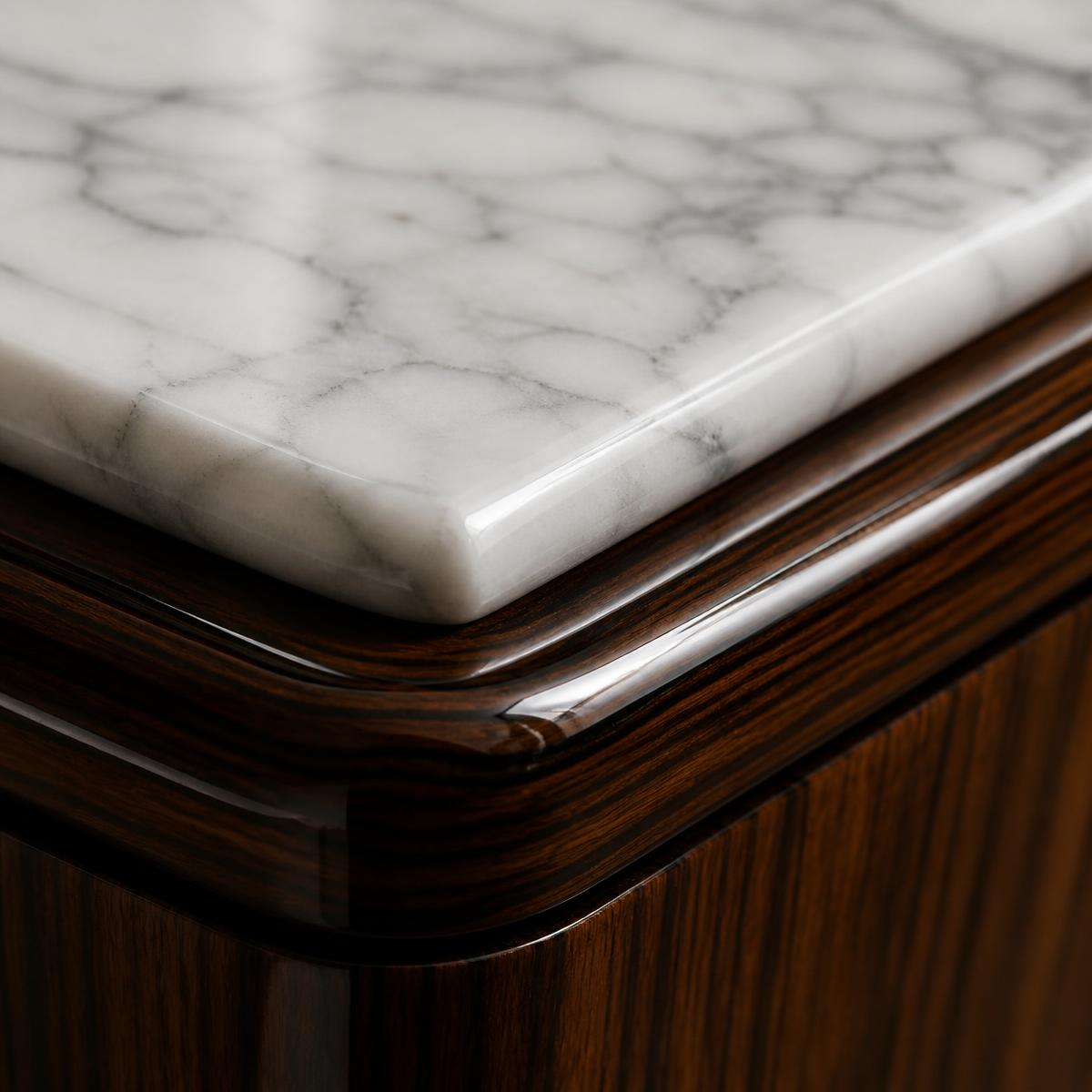 Macro detail of polished white marble tabletop edge over a high-gloss lacquer wood frame