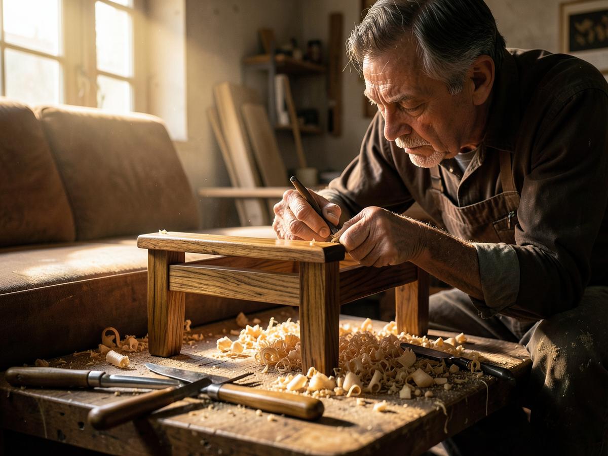 A craftsman hand-finishing a solid wood frame in the workshop