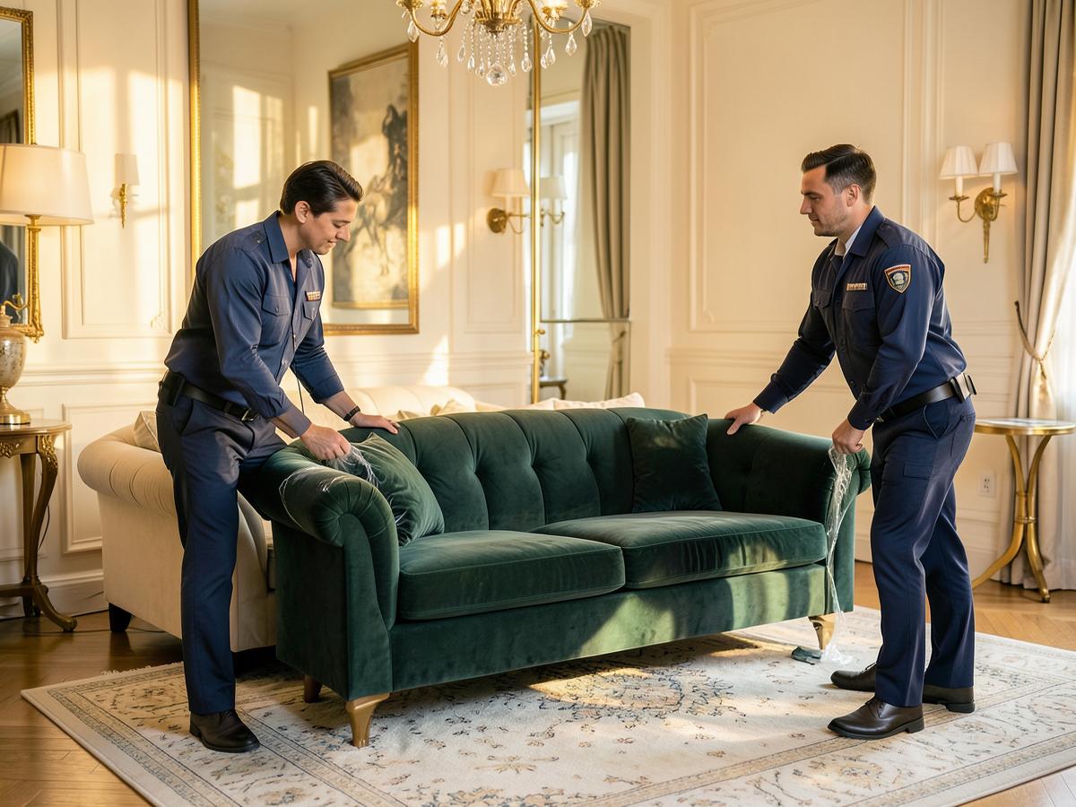 A finished velvet sofa being placed in an elegant living room