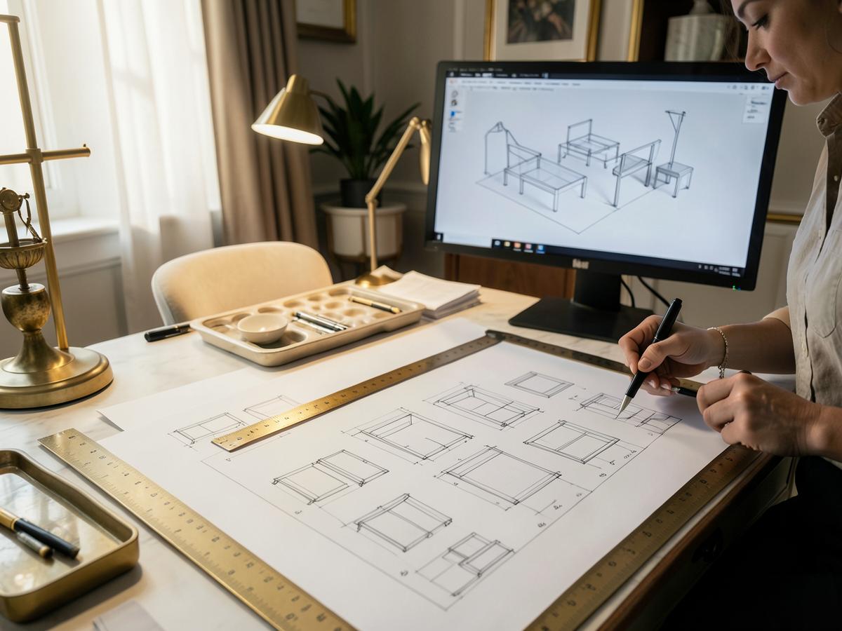 Furniture elevations being drafted with a scale ruler