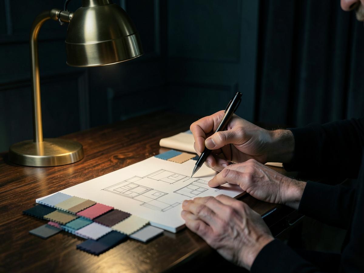 A designer sketching a room layout beside fabric swatches